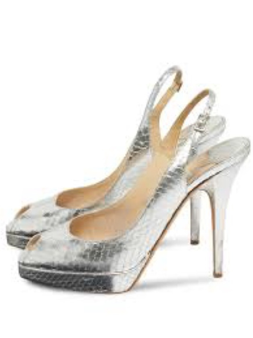 Jimmy Choo Silver Metallic Peep-Toe Slingback Heels